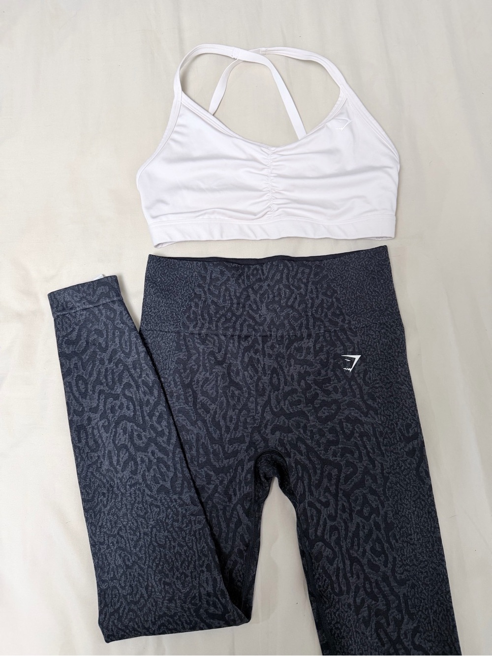 Gymshark White Strappy Sports Bra with Charcoal Patterned Leggings